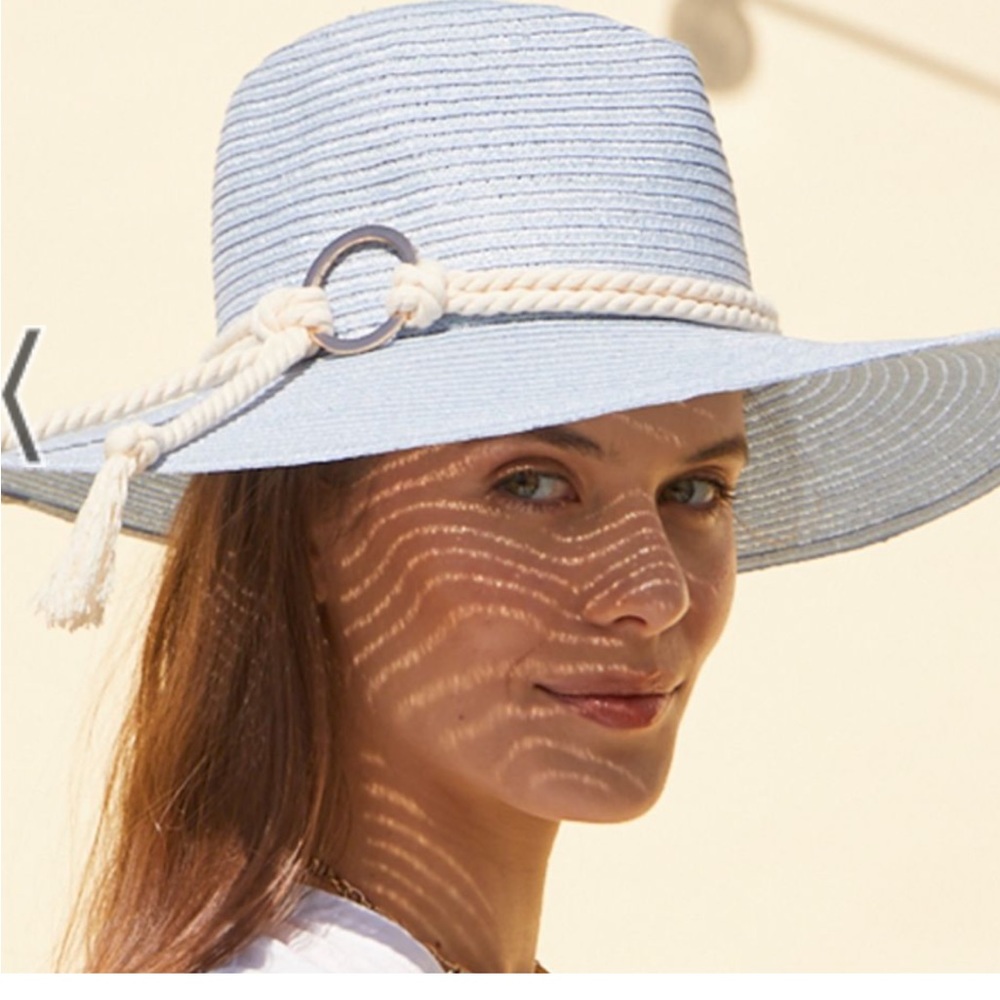 ISO Eugenia Kim Cassidy Hat light blue with Rope Cord and Gold Ring
